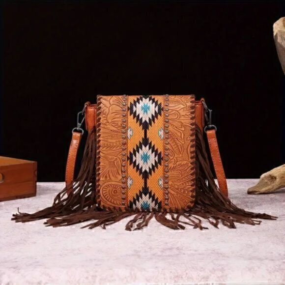 unbranded Handbags - Vintage Bohemian Style Rivet Crossbody Bag, Tassel  Aztec Tribal Fringe Purse